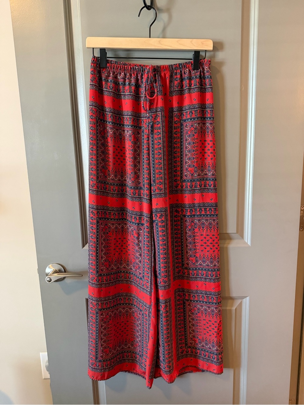 Blush Red & Black Wide Leg Pants with Bandana Print